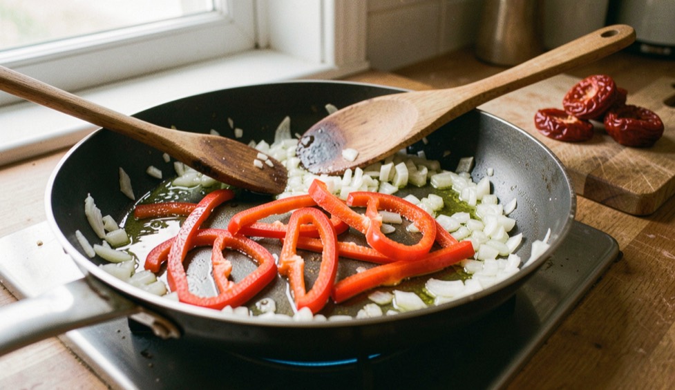 Cipolla tritata e strisce di peperone rosso che appassiscono nell'olio d'oliva in una padella sul fornello, con due cucchiai di legno e alcuni peperoni rossi essiccati sul tagliere